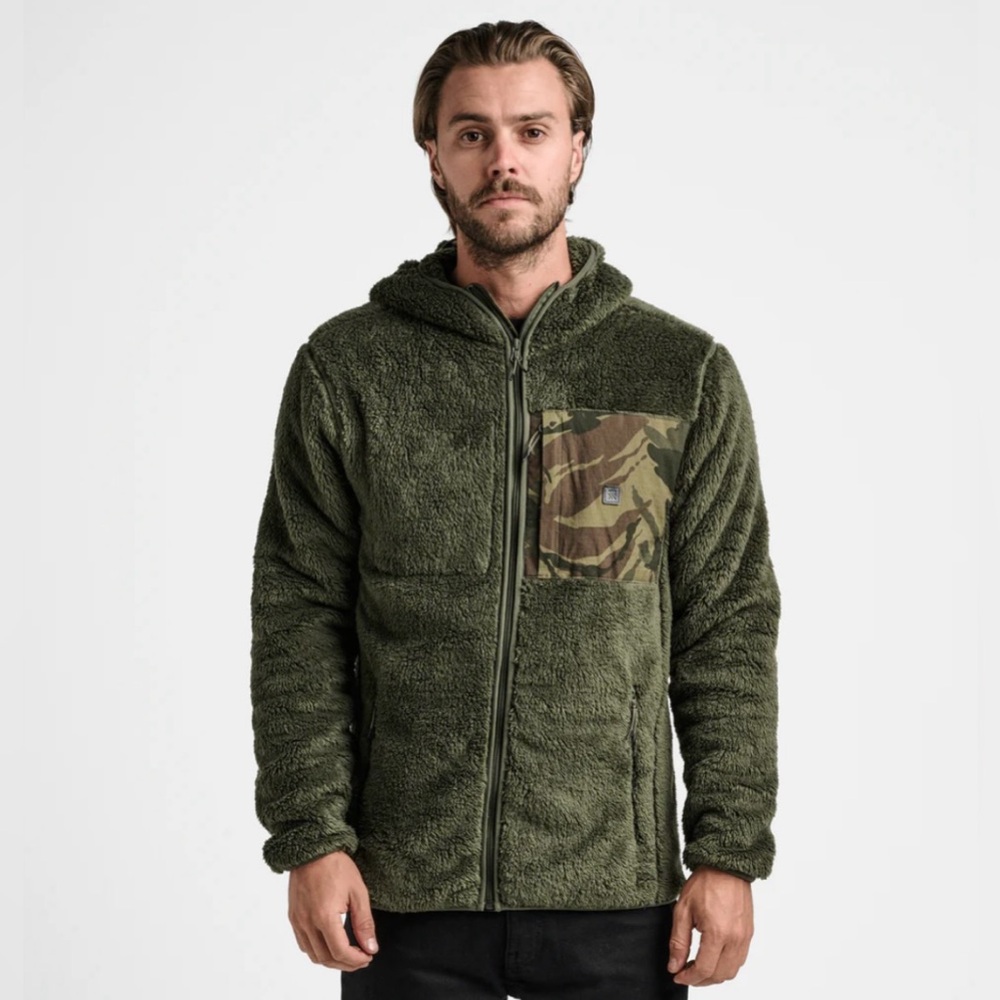 Roark Rambler Green Sherpa Fleece Hooded Zip-Up Jacket with Camo Chest Pocket